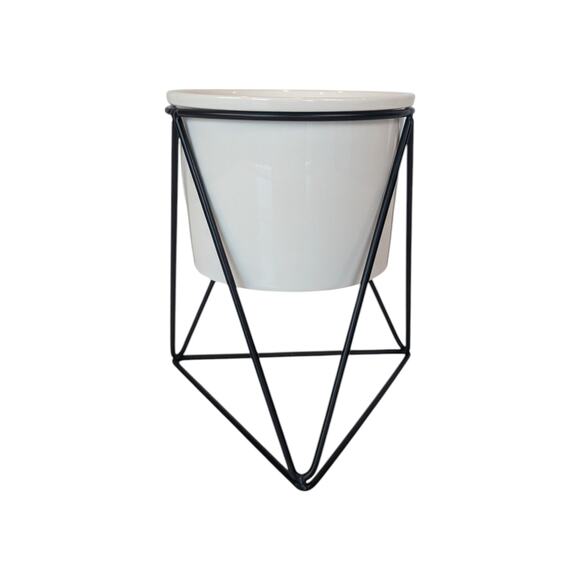 Triangular Black Wire Stand and White Ceramic Planter 4 in - Picture 3 of 9